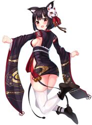  1girl 2drr :d animal_ears ass azur_lane bangs bell black_footwear black_hair black_kimono blunt_bangs blush bob_cut breasts cat_ears cat_mask eyebrows_visible_through_hair fang from_behind full_body furisode hair_ribbon japanese_clothes jingle_bell kimono leg_up long_sleeves looking_at_viewer looking_back mask mask_on_head medium_breasts open_mouth outstretched_arms print_kimono red_eyes red_ribbon ribbon shiny shiny_hair shiny_skin shoes short_hair short_kimono sideboob simple_background smile solo thigh-highs thighs white_background white_legwear wide_sleeves yamashiro_(azur_lane) 