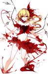  1girl absurdres artist_name blonde_hair blood crop_top flandre_scarlet highres laevatein midriff off-shoulder_shirt open_mouth red_eyes sheya shirt short_hair side_ponytail signature simple_background smile solo touhou white_background wrist_cuffs 