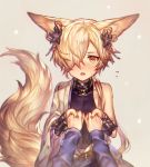  1boy animal_ears blonde_hair blush collar commentary_request cuffs erun_(granblue_fantasy) fox_ears fox_tail granblue_fantasy hair_ornament hair_over_one_eye hand_holding kou_(granblue_fantasy) looking_at_viewer low_ponytail male_focus nail_polish open_mouth pov pov_hands shigaraki_(strobe_blue) short_hair_with_long_locks simple_background single_bare_shoulder solo_focus tail yellow_eyes 