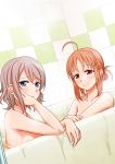 2girls ahoge bangs bath bathing blue_eyes blush chin_rest commentary_request dutch_angle grey_hair hair_bun half-closed_eyes love_live! love_live!_sunshine!! multiple_girls nude orange_hair red_eyes shared_bathing short_hair smile suzume_miku takami_chika tile_wall tiles watanabe_you wet