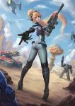  1girl armor ass blonde_hair bodysuit breasts full_body gun headset highres holding holding_weapon long_hair looking_at_viewer looking_back nova_(starcraft) nuclear_explosion parted_lips planet ponytail reaching_out robot_costume standing tongue tongue_out twisted_torso weapon wenfei_ye 