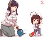  2girls :3 ahoge alternate_costume bandanna black_hair blue_eyes braid broom cleaning dated denim dustpan full_body hair_ornament hair_over_shoulder highres jeans kanon_(kurogane_knights) kantai_collection kneeling logo long_hair looking_at_viewer multiple_girls overalls pants red_eyes ribbed_sweater shigure_(kantai_collection) short_hair simple_background single_braid standing sweater white_background white_sweater yamashiro_(kantai_collection) younger 