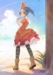  1girl aqua_hair beach boots clouds day dress eyebrows food green_eyes hat looking_at_viewer looking_back monogatari_(series) ononoki_yotsugi open_mouth outdoors popsicle short_hair short_sleeves sky solo striped striped_legwear tanaka_(colorcorn) thigh-highs twintails 