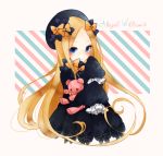  1girl abigail_williams_(fate/grand_order) bangs black_bow black_dress black_hat blonde_hair blue_eyes blush bow butterfly character_name closed_mouth commentary_request dress eyebrows_visible_through_hair fate/grand_order fate_(series) forehead hair_bow hat long_hair long_sleeves looking_at_viewer object_hug orange_bow parted_bangs polka_dot polka_dot_bow sleeves_past_wrists solo stuffed_animal stuffed_toy teddy_bear very_long_hair yuma3830 