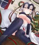  arm_support blush breasts candlestand christmas_tree clenched_teeth clock covered_nipples elbow_gloves fate/grand_order fate_(series) garland_(decoration) glaring gloves headpiece highres huuyu_1z jeanne_d&#039;arc_(alter)_(fate) jeanne_d&#039;arc_(fate) jeanne_d&#039;arc_(fate)_(all) large_breasts low_angle ribbon sack santa_lily scowl snow stuffed_animal stuffed_toy teddy_bear teeth thigh-highs under_boob wreath 