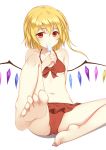  1girl bangs bare_arms bare_legs bare_shoulders barefoot bikini blonde_hair eating eyebrows_visible_through_hair feet flan_(seeyouflan) flandre_scarlet food frilled_bikini frills hair_between_eyes highres holding holding_food knee_up looking_at_viewer navel popsicle red_bikini red_eyes simple_background solo swimsuit toenail_polish toes touhou white_background wings 