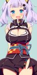  1girl 9law :d aqua_background arms_behind_back blue_eyes breasts cleavage cleavage_cutout hair_ornament highres kaguya_luna kaguya_luna_(character) large_breasts lavender_hair looking_at_viewer open_mouth short_hair simple_background smile solo twintails 