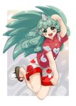  1girl :d ameyu_(rapon) aqua_hair bangs blush_stickers buttons cloud_print collared_shirt curly_hair highres horn komano_aun long_hair open_mouth red_shirt shirt shorts smile solo tabi touhou white_shorts 