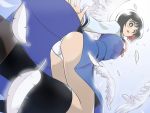  1girl black_hair black_legwear feathers flustered from_below kneehighs m_o_(prftz) panties pantyshot perspective samon-kun_wa_summoner short_hair solo teshigawara_sakura underwear upskirt yellow_eyes 