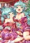  2girls alternate_costume animal_ears bangs bare_legs bare_shoulders breasts cleavage collarbone curly_hair dual_persona eyebrows_visible_through_hair floral_print flower green_eyes green_hair hair_ornament hair_stick horn japanese_clothes kimono komano_aun long_hair looking_at_viewer medium_breasts multiple_girls no_panties obi off_shoulder open_mouth ponytail red_kimono rope sash shide shimenawa sitting socks taishi_(moriverine) tareme tongue touhou white_legwear yukata 