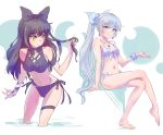  2girls bikini black_hair blake_belladonna blue_eyes bow commentary_request hair_bow iesupa multiple_girls navel rwby scar scar_across_eye stomach_scar swimsuit weiss_schnee white_hair yellow_eyes 