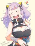  1girl ^_^ artist_name blush boca breasts cleavage cleavage_cutout closed_eyes commentary hair_ornament kaguya_luna kaguya_luna_(character) large_breasts laughing lavender_hair open_mouth short_hair simple_background sleeveless solo tears twintails twitter_username yellow_background 