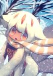  1girl :o animal_ears artist_name bangs commentary_request day extra_arms faputa fur hair_flaps looking_at_viewer made_in_abyss manino_(mofuritaionaka) monster_girl multiple_tails orange_eyes outdoors scarf short_hair signature snow snowing solo tail white_hair 