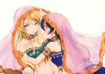  2girls arabian_clothes armlet ayase_eli bangs blonde_hair blue_dress blue_eyes blue_hair commentary_request dress hair_between_eyes hug jewelry long_hair looking_at_viewer love_live! love_live!_school_idol_festival love_live!_school_idol_project midriff multiple_girls navel see-through signature simple_background sonoda_umi suito upper_body veil white_background yellow_eyes yuri 