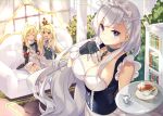 3girls :d animal_ears apron azur_lane bangs bare_shoulders bekotarou belfast_(azur_lane) black_panties blonde_hair blue_eyes book bookshelf bow braid breasts buttons chains choker cleavage closed_eyes collarbone commentary commentary_request cream crown cup curtains detached_collar elbow_gloves epaulettes facing_to_the_side french_braid frills gloves hair_bow hair_tubes hand_on_own_chest headband indoors large_breasts long_hair looking_at_another looking_at_viewer maid maid_apron maid_headdress mini_crown multiple_girls no_pants open_mouth panties pillar queen_elizabeth_(azur_lane) rigging scarf shoes sidelocks silver_hair sitting skirt sleeveless smile standing swept_bangs tea teacup underwear violet_eyes warspite_(azur_lane) white_gloves window 