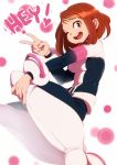  1girl bodysuit boku_no_hero_academia boots brown_eyes brown_hair high_heel_boots high_heels highres short_hair sidelocks solo sticky_(stickysheep) uraraka_ochako 