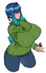 1girl blue_eyes blue_hair blush breasts commentary_request cropped_legs denim gift highres huge_breasts impossible_clothes impossible_sweater jeans long_hair looking_at_viewer original pants ribbed_sweater solo space_jin sweater thighs tsurime zoe_(space_jin) 