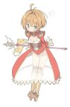  1girl ahoge arms_behind_back blade_(galaxist) blush boots breasts brown_hair card_captor_sakura cosplay epaulettes fate/extra fate/grand_order fate_(series) full_body greaves green_eyes hair_intakes holding holding_wand kero kinomoto_sakura leaning_forward leotard nero_claudius_(fate) nero_claudius_(fate)_(all) nero_claudius_(fate)_(cosplay) saber_extra saber_extra_(cosplay) see-through seiyuu_connection small_breasts tange_sakura thigh-highs thigh_boots thigh_gap wand white_background 