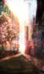  akyuun blurry city depth_of_field holographic_interface lens_flare light_particles no_humans original road scenery science_fiction sunlight tree vanishing_point 
