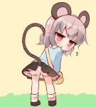  1girl :o animal_ears bag bangs black_footwear black_skirt bloomers blue_shirt blush eyebrows_visible_through_hair full_body grey_hair kindergarten_bag kindergarten_uniform leaning_forward long_sleeves looking_at_viewer looking_back marshmallow_mille mouse_ears mouse_girl mouse_tail nazrin parted_lips red_eyes shirt shoes skirt socks solo standing striped_tail tail touhou underwear white_bloomers white_legwear yellow_background younger 
