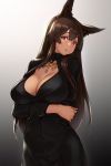  1girl animal_ears anubis_(houtengeki) bangs breasts brown_hair cleavage commentary_request crossed_arms dark_skin gradient gradient_background highres houtengeki jewelry large_breasts long_hair long_sleeves looking_at_viewer open_mouth original red_eyes simple_background solo upper_body 