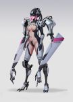  1girl armor bikini_armor black_gloves cyborg facing_away full_body gloves highres purple_hair simple_background standing visor_cap wenfei_ye 