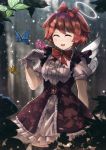  1girl :d alternate_costume angel_wings bangs black_legwear blurry blurry_background blurry_foreground blush bow breasts brown_hair butterfly butterfly_on_hand closed_eyes commentary cowboy_shot day doki_doki_literature_club dress eyebrows_visible_through_hair facing_viewer forest frilled_dress frilled_skirt frills hair_bow hair_ornament halo hand_up highres leaf looking_at_viewer maid medium_breasts nature open_mouth outdoors persocon93 puffy_sleeves red_bow ribbon sayori_(doki_doki_literature_club) short_hair short_sleeves skirt smile solo thigh-highs tree wings wrist_cuffs 