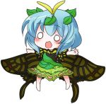  1girl :d antennae bangs bare_arms blue_hair blush butterfly_wings buuwa dress eternity_larva eyebrows eyebrows_visible_through_hair fairy full_body green_dress hair_between_eyes hair_ornament leaf leaf_hair_ornament legs_apart o_o open_mouth outstretched_arms short_hair short_sleeves simple_background smile solo touhou white_background wings 