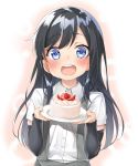  1girl :d arm_warmers asashio_(kantai_collection) bangs black_hair blue_eyes blush cake commentary_request dress_shirt ebifurya eyebrows_visible_through_hair food fruit highres holding holding_plate kantai_collection long_hair looking_at_viewer open_mouth plate pov_feeding round_teeth shirt short_sleeves smile solo strawberry suspenders teeth upper_body white_background white_shirt 