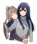  2girls artist_request bangs blue_hair blush book closed_eyes closed_mouth commentary_request grey_hair hair_between_eyes highres holding holding_book hug hug_from_behind long_hair love_live! love_live!_school_idol_project minami_kotori multiple_girls one_side_up simple_background smile sonoda_umi sweater turtleneck turtleneck_sweater upper_body white_background yellow_eyes yuri 