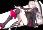  arm_on_knee arm_support ass bangs black_dress black_jacket black_panties boots breasts cleavage dress expressionless eyebrows_visible_through_hair eyes_visible_through_hair fate/grand_order fate_(series) flag flagpole fur-trimmed_jacket fur_trim hair_between_eyes high_heel_boots high_heels jacket jeanne_d&#039;arc_(alter)_(fate) jeanne_d&#039;arc_(fate)_(all) jewelry knee_boots legs_crossed light_particles long_sleeves looking_at_viewer myo_ne necklace open_clothes open_jacket outstretched_arm outstretched_hand panties pantyshot pantyshot_(sitting) parted_lips pendant pole short_dress short_hair silver_hair simple_background sitting thighs underwear white_skin 