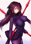  1girl bodysuit breasts fate/grand_order fate_(series) gae_bolg holding holding_weapon large_breasts long_hair looking_at_viewer polearm purple_bodysuit purple_hair red_eyes saisarisu scathach_(fate/grand_order) solo spear weapon 