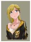 1girl animal_print bangs black_hair blonde_hair clothes_writing earrings eyebrows_visible_through_hair fujimoto_rina grey_background grey_eyes heart heart_earrings hige_(com) idolmaster idolmaster_cinderella_girls jewelry leopard_print long_hair looking_to_the_side multicolored_hair necklace o-ring_top off_shoulder single_bare_shoulder solo swept_bangs tank_top two-tone_hair upper_body 