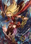  1girl :d bangs black_legwear blonde_hair book boots bow bracer breasts cagliostro_(granblue_fantasy) cape dragon fang_xue_jun granblue_fantasy hairband jumping long_hair looking_at_viewer open_mouth ouroboros_(granblue_fantasy) red_skirt skirt small_breasts smile solo spikes thigh-highs tiara violet_eyes 