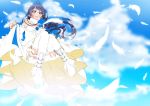  1girl bangs blue_hair blush boots bridal_veil commentary_request detached_sleeves dress feathers floating flower hair_between_eyes long_hair love_live! love_live!_school_idol_festival love_live!_school_idol_project open_mouth panda_copt skirt_hold sky solo sonoda_umi strapless strapless_dress thigh-highs tiara veil wedding_dress white_dress white_footwear white_legwear yellow_eyes 