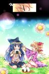  2girls brown_hair closed_eyes comic drill_hair flower food highres multiple_girls onigiri open_mouth pote_(ptkan) smile solo touhou twin_drills yorigami_jo&#039;on yorigami_shion 