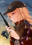  1girl alternate_costume baseball_cap black_hat blonde_hair blurry blurry_background closed_mouth dated eyewear_on_head fingernails fish_hair_ornament fishing_rod flandre_scarlet glasses gotoh510 hair_between_eyes hair_ornament hat highres holding jacket long_hair outdoors pointy_ears red_eyes side_ponytail sky smile solo touhou upper_body vest wings 