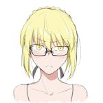  &gt;:( ahoge alternate_costume artoria_pendragon_(all) black-framed_eyewear blonde_hair blush collarbone cropped_torso eyebrows_visible_through_hair fate/grand_order fate_(series) glasses highres looking_at_viewer saber_alter short_hair sketch tatsu_(tanishi_24) yellow_eyes 