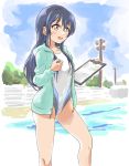  1girl bangs blue_hair blush competition_swimsuit eyebrows_visible_through_hair hair_between_eyes holding hood jacket long_hair long_sleeves looking_to_the_side love_live! love_live!_school_idol_project one-piece_swimsuit open_clothes open_jacket open_mouth pool solo sonoda_umi standing swimsuit swimsuit_under_clothes tetopetesone track_jacket yellow_eyes 