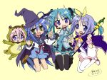  4girls blue_hair blue_skirt cape cosplay cosplay_request friends green_eyes hat hatsune_miku hatsune_miku_(cosplay) hiiragi_kagami hiiragi_tsukasa izumi_konata jumping lucky_star multiple_girls open_mouth pink_hair siblings sisters skirt vocaloid witch_hat 