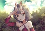  1girl :o artist_name bangs bare_shoulders bird breasts bush clouds commentary day detached_sleeves dress grey_eyes grey_hair hand_up highres horns kumaartsu lens_flare looking_at_viewer medium_breasts open_mouth original outdoors portrait red_dress salute short_hair sky solo sunlight upper_body wide_sleeves 
