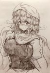  1girl bangs blush breasts closed_mouth efukei eyebrows_visible_through_hair hair_between_eyes hat highres lapel_pin large_breasts letty_whiterock long_sleeves looking_at_viewer monochrome puffy_sleeves scarf short_hair solo touhou traditional_media 