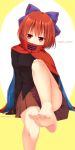  1girl bangs bare_legs barefoot blouse blue_bow bow cape covered_mouth feet hair_bow head_tilt highres knee_up looking_at_viewer miniskirt nnyara pleated_skirt red_eyes red_skirt redhead sekibanki sitting skirt solo toes touhou twitter_username 