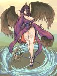  black_footwear breasts brown_wings character_request high_heels horns jankenmaketa large_breasts long_hair looking_at_viewer magatama outdoors purple_hair see-through sennen_sensou_aigis sidelocks staff standing thigh-highs wide_sleeves wind wings 