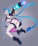  bikini_top blue_hair braid breasts bullet fingerless_gloves flat_chest gloves highres jinx_(league_of_legends) league_of_legends long_hair makeup pink_eyes short_shorts shorts single_thighhigh small_breasts sticky_(stickysheep) tattoo thigh-highs twin_braids very_long_hair 