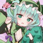  1girl astaroth_(p&amp;d) bangs bed_sheet blunt_bangs blush bow bowtie breasts dress eyebrows_visible_through_hair fingernails frilled_dress frilled_hat frills green_dress green_eyes green_hair green_hat green_neckwear hands_up hat long_sleeves looking_at_viewer lying marshmallow_mille on_back parted_lips purple_ribbon puzzle_&amp;_dragons ribbon short_hair sidelocks small_breasts solo twintails twitter_username wavy_mouth 