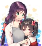  2girls :3 aqua_eyes bangs black_hair blush bow breast_envy breasts cardigan hair_bow hand_on_another&#039;s_shoulder heart hug itohana jitome large_breasts long_hair long_sleeves love_live! love_live!_school_idol_project low_twintails multiple_girls pink_bow purple_hair red_eyes toujou_nozomi twintails twitter_username upper_body yazawa_nico yuri 