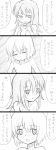  1boy 1girl 4koma :d adeltrud_walter blue_eyes blush breasts cleavage comic ernesti_echevalier fingers_together highres knight&#039;s_&amp;_magic long_hair monochrome open_mouth rifyu short_hair smile translation_request 