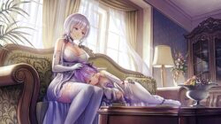  2girls anbe_yoshirou azur_lane blue_eyes breasts cleavage couch cupboard curtains dress elbow_gloves gloves highres illustrious_(azur_lane) lampshade lap_pillow large_breasts lying multiple_girls on_side stuffed_animal stuffed_toy thigh-highs unicorn_(azur_lane) white_hair white_legwear window 