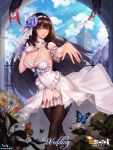  1girl banner black_hair black_legwear blue_sky breasts butterfly choney cleavage cleavage_cutout clock clock_tower clouds dress flower girls_frontline gloves hair_flower hair_ornament highres jewelry large_breasts qbz-95_(girls_frontline) ring rose single_glove sky thigh-highs tower twitter_username wedding_band wedding_dress white_gloves yellow_eyes 